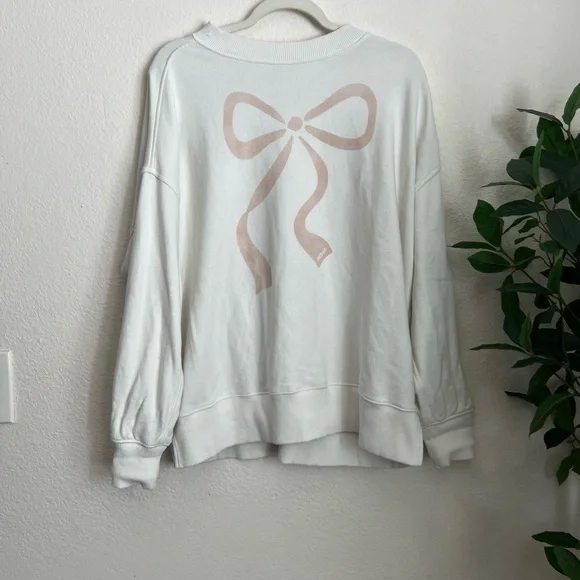 Aerie Pink Bow Oversized Slouchy Pullover White Coquette XS - Picture 1 of 3